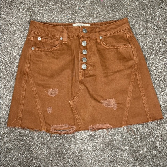 We The Free Free People Rust/Orange Distressed Denim Mini Skirt - Picture 2 of 5